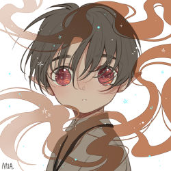 Rule 34 | 1boy, black hair, blush, brown hair, looking at viewer, majo shuukai de aimashou, male focus, mia0309, original, parted lips, pointy ears, portrait, red eyes, solo, surprised, white background
