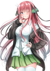 Rule 34 | 1girl, black cardigan, black ribbon, blue eyes, blunt bangs, blush, breasts, butterfly hair ornament, cardigan, go-toubun no hanayome, green skirt, hair ornament, hand on own hip, hand to own mouth, highres, hime cut, large breasts, long hair, looking at viewer, nail polish, nakaji (user snap3353), nakano nino, one eye closed, open cardigan, open clothes, pink hair, red nails, ribbon, shirt, simple background, skirt, sleeves past wrists, solo, tented shirt, thick thighs, thighhighs, thighs, twintails, v-shaped eyebrows, white background, white shirt, white thighhighs, zettai ryouiki