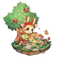 Rule 34 | 1girl, animal crossing, apple, apple tree, artist name, black eyes, blush, blush stickers, bug, bunnie (animal crossing), butterfly, character name, closed mouth, commentary, dress, english commentary, faux figurine, flower, flower (symbol), food, fruit, furry, furry female, grass, green dress, highres, holding, holding watering can, insect, nintendo, pink flower, plaid, plaid dress, plant, rabbit girl, red flower, rock, sign, simple background, sleeveless, sleeveless dress, smile, solo, standing, stepping stones, summer, syertse, tree, tulip, watering, watering can, white background