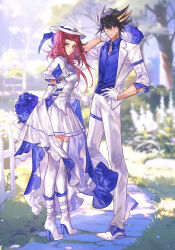 Rule 34 | 1boy, 1girl, absurdres, arm behind back, black hair, blonde hair, blue flower, blue shirt, blurry, blurry background, boots, bouquet, collared shirt, day, dress shirt, floating hair, flower, fudo yusei, full body, gloves, hand on own hip, high heels, highres, holding, holding bouquet, izayoi aki, jacket, looking at viewer, miniskirt, multicolored hair, naoki (2rzmcaizerails6), open clothes, open jacket, outdoors, pants, pleated skirt, red hair, shirt, short hair with long locks, short sleeves, skirt, spiked hair, standing, thighhighs, two-tone hair, white footwear, white gloves, white jacket, white pants, white shirt, white skirt, white thighhighs, wing collar, yu-gi-oh!, yu-gi-oh! 5d&#039;s