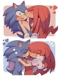 Rule 34 | 2boys, animal ears, animal nose, artist name, blue background, blue fur, blush, border, brown background, closed eyes, closed mouth, commentary, english commentary, furry, furry male, gloves, green eyes, hand up, hands up, heart, hedgehog, hedgehog ears, hedgehog tail, highres, kiss, kissing cheek, knuckles the echidna, looking at another, male focus, multiple boys, open mouth, outside border, red fur, sharp teeth, simple background, sk rokuro, smile, sonic (series), sonic the hedgehog, surprised, tail, teeth, white border, white gloves, yaoi