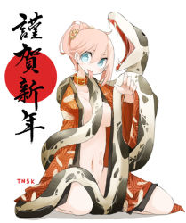 Rule 34 | 1girl, blue eyes, chinese zodiac, collar, forked tongue, hair ornament, japanese clothes, kimono, naked kimono, new year, open clothes, open kimono, original, pink hair, ponytail, snake, snake (chinese zodiac), solo, takagi (tansuke), tansuke, tongue, tongue out