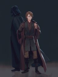 Rule 34 | 2boys, absurdres, anakin skywalker, belt, black cape, black footwear, black vest, blue eyes, boots, brown coat, brown gloves, brown hair, brown pants, brown shirt, cape, closed mouth, coat, commentary, darth vader, dual persona, energy sword, english commentary, full body, gloves, grey background, hands up, helmet, highres, hood, hooded coat, lightsaber, long sleeves, looking to the side, male focus, multiple boys, open clothes, open coat, pants, papaya mm, red belt, reflection, scar, scar across eye, shirt, short hair, simple background, single glove, smile, standing, star wars, star wars: revenge of the sith, sword, vest, weapon, wide sleeves