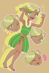 Rule 34 | 1girl, :d, ;d, ^ ^, arms up, bare arms, bare legs, bare shoulders, barefoot, blonde hair, closed eyes, dark-skinned female, dark skin, drop shadow, expressionless, flat chest, flower, flower necklace, green eyes, jewelry, leaf skirt, lei, light brown background, necklace, no panties, no pussy, one eye closed, open mouth, original, outline, short hair, short ponytail, sicky (pit-bull), smile, solo, standing, white outline