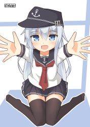 Rule 34 | 1girl, black thighhighs, blue eyes, commentary request, hat, hibiki (kancolle), highres, kantai collection, long hair, neckerchief, open mouth, pepatiku, reaching, reaching towards viewer, silver hair, sitting, skirt, smile, solo, thighhighs, wariza