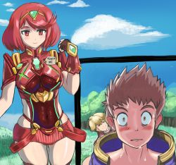 Rule 34 | 1girl, 2boys, between breasts, blue sky, breasts, cloud, covered navel, day, english text, heart, multiple boys, nervous, nintendo, outdoors, presenting, profitshame, pyra (xenoblade), red eyes, red hair, rex (xenoblade), short hair, shorts, shulk (xenoblade), skindentation, sky, smile, sweat, text focus, wide-eyed, xenoblade chronicles (series), xenoblade chronicles 2, xenoblade chronicles (series), xenoblade chronicles 2