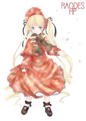 Rule 34 | 00s, 1girl, black footwear, blonde hair, blue eyes, blunt bangs, bonnet, bow, bowtie, drill hair, frills, full body, long hair, long sleeves, looking at viewer, lowres, no legwear, outstretched arm, rozen maiden, shinku, shoes, sidelocks, simple background, solo, standing, twin drills, twintails, very long hair, white background