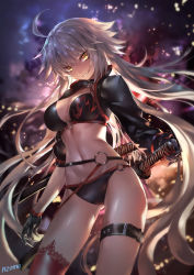 Rule 34 | 1girl, ahoge, azomo, bikini, black bikini, black gloves, black jacket, blurry, blurry background, breasts, brown eyes, cleavage, commentary request, depth of field, fate/grand order, fate (series), gloves, gluteal fold, grin, hair between eyes, head tilt, highres, jacket, jeanne d&#039;arc alter (swimsuit berserker) (fate), jeanne d&#039;arc (fate), jeanne d&#039;arc alter (fate), jeanne d&#039;arc alter (swimsuit berserker) (fate), katana, large breasts, long hair, long sleeves, looking at viewer, navel, o-ring, o-ring bikini, o-ring bottom, o-ring top, red thighhighs, revision, sharp teeth, sheath, sheathed, shrug (clothing), sidelocks, signature, silver hair, single thighhigh, smile, solo, swimsuit, sword, teeth, thighhighs, v-shaped eyebrows, very long hair, weapon