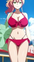 Rule 34 | 1girl, absurdres, bag, bare shoulders, bikini, blonde hair, breasts, cleavage, collarbone, gluteal fold, green eyes, groin, hajimete no gal, highleg, highres, large breasts, looking at viewer, navel, pink bikini, ponytail, screencap, side-tie bikini bottom, sky, smile, solo, standing, stitched, stomach, swimsuit, thighs, third-party edit, yame yukana