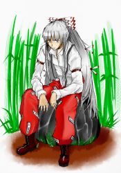 Rule 34 | 1girl, bad id, bad pixiv id, bamboo, bamboo forest, boots, cross-laced footwear, female focus, forest, fujiwara no mokou, h-a-b (psycho), highres, long hair, long sleeves, looking at viewer, nature, pants, shoes, sitting, sketch, solo, suspenders, touhou
