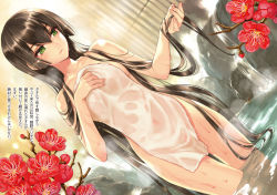 Rule 34 | 1girl, black hair, breasts, brown hair, covering privates, dutch angle, flower, green eyes, hair over breasts, highres, hime cut, holding, holding own hair, kawaku, long hair, naked towel, nude, nude cover, onsen, original, outdoors, solo, standing, steam, towel, very long hair, wading, wet, wet hair