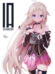 Rule 34 | 1girl, absurdres, ahoge, black choker, black shirt, black thighhighs, blue eyes, choker, closed mouth, collarbone, commentary, cowboy shot, hands up, highres, ia (vocaloid), light brown hair, long hair, long sleeves, off-shoulder shirt, off shoulder, own hands together, pink skirt, pleated skirt, shirt, signature, simple background, skirt, solo, takepon1123, thighhighs, very long hair, vocaloid, white background