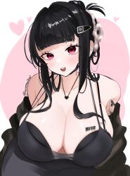 Rule 34 | 1girl, :d, barcode, barcode tattoo, bare shoulders, black bra, black dress, black hair, blunt bangs, blush, bra, breast tattoo, breasts, butterfly tattoo, collarbone, d (killer wife) (nikke), d (nikke), dongtan dress, dress, goddess of victory: nikke, hair ornament, heart, heart necklace, highres, huge breasts, jewelry, long hair, looking at viewer, meme attire, necklace, official alternate costume, open mouth, pink eyes, smile, solo, tattoo, twitter username, underwear, uniofthedead, upper body