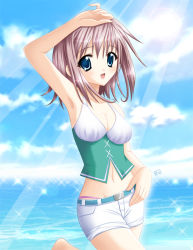 Rule 34 | 1girl, :d, armpits, beach, blue eyes, breasts, brown hair, cleavage, cloud, day, game cg, large breasts, midriff, navel, open mouth, outdoors, short shorts, shorts, sky, smile, solo, wing yun man, wings