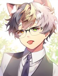 Rule 34 | 1boy, animal crossing, animal ears, bad id, bad pixiv id, blonde hair, blue necktie, cat ears, cat tail, commentary, extra ears, glasses, green eyes, heterochromia, long sleeves, looking at viewer, male focus, necktie, nintendo, raymond (animal crossing), sal gun, semi-rimless eyewear, shirt, solo, tail, tongue, tongue out, white shirt