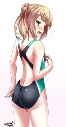 Rule 34 | 1girl, adjusting clothes, adjusting swimsuit, artist name, ass, black one-piece swimsuit, blonde hair, blush, competition swimsuit, cowboy shot, dated, from behind, hair bun, highres, kantai collection, looking at viewer, looking back, michishio (kancolle), one-piece swimsuit, open mouth, short twintails, simple background, solo, standing, swimsuit, tsuchimiya, twintails, white background, yellow eyes