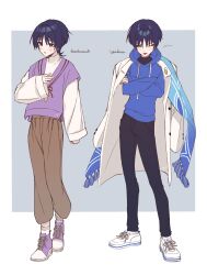 Rule 34 | 1boy, ;q, absurdres, black hair, blue hoodie, blunt ends, blush, character name, converse, crossed arms, full body, genshin impact, highres, hood, hoodie, ice s s z, long sleeves, looking at viewer, male focus, multiple persona, multiple views, nervous, one eye closed, pants, parted lips, scaramouche (genshin impact), scaramouche (kabukimono) (genshin impact), shoelaces, shoes, short hair, simple background, smile, sneakers, socks, standing, tongue, tongue out, wanderer (genshin impact), white footwear, white socks