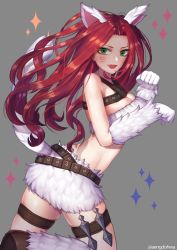 Rule 34 | 1girl, :d, animal ears, animal hands, artist request, bad id, bad pixiv id, belt, boots, breasts, cat ears, cat tail, cleavage, dagger, elbow gloves, facial mark, fang, fox ears, fox tail, gloves, green eyes, grey background, hanato (seonoaiko), katarina (league of legends), kemonomimi mode, kitty cat katarina, knee boots, knife, large breasts, league of legends, leg up, long hair, looking at viewer, open mouth, paw gloves, paw pose, red hair, simple background, skindentation, smile, solo, sparkle, standing, standing on one leg, tail, thigh strap, weapon, whisker markings, white footwear, white gloves