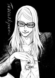 Rule 34 | 1boy, cigarette, fate/grand order, fate (series), highres, holding, holding cigarette, jewelry, long hair, long hair, looking at viewer, monochrome, natsumi kei, necklace, sunglasses, tezcatlipoca (fate)