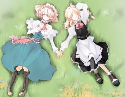 2girls alice_margatroid apron ascot blonde_hair blush boots braid capelet closed_eyes female_focus french_braid grass hairband holding_hands happy kirisame_marisa long_hair multiple_girls namatarou no_headwear no_headwear short_hair smile touhou yuri