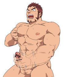 Rule 34 | 1boy, abs, akashi (live a hero), bar censor, bara, brown hair, censored, completely nude, erection, facial hair, goatee, highres, large pectorals, live a hero, long sideburns, male focus, male masturbation, masturbation, mature male, motion lines, multicolored hair, muscular, muscular male, nipple stimulation, nipple tweak, nipples, nude, pectorals, penis, red eyes, red hair, ruizu (takakisan503), short hair, sideburns, solo, stomach, streaked hair, thick eyebrows, thick thighs, thighs, tweaking own nipple