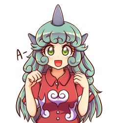 Rule 34 | &gt;:&gt;, &gt;:d, 1girl, :&gt;, :d, animated, animated gif, blush, closed mouth, cloud print, commentary, curly hair, green eyes, green hair, hands up, horn, horns, kariyushi shirt, komano aunn, long hair, looking at viewer, open mouth, paw pose, red shirt, shirt, short sleeves, simple background, single horn, slideshow, smile, solo, touhou, upper body, v-shaped eyebrows, white background, wool (miwol)