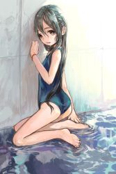 Rule 34 | 1girl, ass, back, bad id, bad pixiv id, bare shoulders, barefoot, black eyes, black hair, child, feet, flat chest, from behind, haguhagu (rinjuu circus), highres, kneeling, long hair, looking at viewer, looking back, one-piece swimsuit, open mouth, original, sketch, smile, solo, swimsuit, water, wet