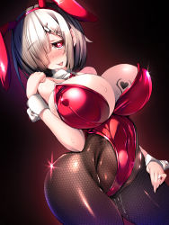 Rule 34 | 10s, 1girl, animal ears, bare shoulders, breast tattoo, breasts, corruption, dark persona, fake animal ears, hair ornament, hair over one eye, hairclip, hamakaze (kancolle), highres, hip focus, huge breasts, kantai collection, large breasts, leotard, looking at viewer, pantyhose, playboy bunny, pussy juice, rabbit ears, solo, sweat, tattoo, thighs, torisan