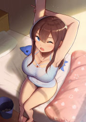 Rule 34 | 1girl, ;o, armpits, arms up, bare legs, barefoot, bed sheet, blanket, blue bra, blue eyes, blue panties, blue shirt, bra, breasts, brown hair, cleavage, day, from above, indoors, large breasts, long hair, looking at viewer, looking up, maku ro, on bed, one eye closed, open mouth, original, panties, pillow, see-through, shirt, sitting, sleeveless, sleeveless shirt, solo, stuffed animal, stuffed shark, stuffed toy, sunlight, thigh gap, translation request, trash can, underwear, v-shaped eyebrows
