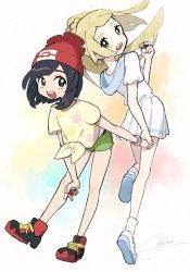 Rule 34 | 2girls, :d, bare legs, beanie, black hair, blonde hair, blunt bangs, bracelet, commentary request, creatures (company), game freak, green eyes, green shorts, hand up, hat, holding, holding hands, holding poke ball, jewelry, lillie (pokemon), long hair, miu (miuuu 721), multiple girls, nintendo, open mouth, pleated skirt, poke ball, poke ball (basic), pokemon, pokemon sm, red headwear, selene (pokemon), shirt, short shorts, short sleeves, shorts, skirt, smile, socks, t-shirt, teeth, tied shirt, tongue, upper teeth only, white footwear, white shirt, white skirt, z-ring