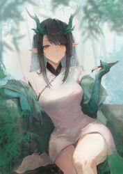Rule 34 | 1girl, absurdres, alternate costume, arknights, arm support, bamboo, bamboo forest, black hair, blurry, blurry background, breasts, china dress, chinese clothes, colored inner hair, colored skin, commentary, cowboy shot, dragon girl, dragon horns, dress, dusk (arknights), earrings, forest, frown, green hair, green jacket, green skin, highres, holding, holding paintbrush, horns, jacket, jewelry, kissshotmagia, large breasts, long hair, looking at viewer, multicolored hair, nature, outdoors, paintbrush, pointy ears, solo, tassel, tassel earrings, white dress, yellow eyes