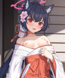 1girl animal_ear_fluff animal_ears black_hair blue_archive blush breasts cat_ears flower hair_flower hair_ornament halo japanese_clothes kimono kimono_pull long_hair looking_at_viewer miko nipples official_alternate_costume petal_print pink_halo ponytail red_eyes serika_(blue_archive) serika_(new_year)_(blue_archive) small_breasts solo sweatdrop tamainoniwa white_kimono