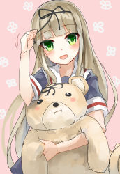Rule 34 | 10s, 1girl, absurdres, blonde hair, green eyes, hair ribbon, highres, kantai collection, long hair, looking at viewer, mono (sunegey), open mouth, ribbon, school uniform, serafuku, smile, solo, stuffed animal, stuffed toy, teddy bear, very long hair, yuudachi (kancolle)