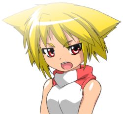 Rule 34 | 1girl, animal ears, anime coloring, bad id, bad pixiv id, bare shoulders, blonde hair, looking at viewer, open mouth, original, red eyes, short hair, solo, to-gnaniwa, upper body, white background