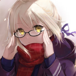 Rule 34 | 1girl, :/, adjusting eyewear, artoria pendragon (all), artoria pendragon (fate), black-framed eyewear, blonde hair, closed mouth, expressionless, fate/grand order, fate (series), glasses, gradient background, hair ribbon, hood, hood down, hooded jacket, jacket, long sleeves, looking at viewer, mignon, mysterious heroine x alter (fate), mysterious heroine x alter (first ascension) (fate), plaid, plaid scarf, purple jacket, purple ribbon, red scarf, ribbon, saber (fate), scarf, semi-rimless eyewear, solo, under-rim eyewear, upper body, yellow eyes