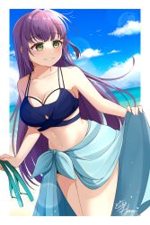 1girl absurdres artist_name bikini blue_bikini blue_sarong blue_sky border breasts cleavage cloud collarbone commentary_request cowboy_shot green_eyes grin hair_down highres holding holding_sandals large_breasts link!_like!_love_live! long_hair love_live! midriff multi-strapped_bikini_top navel official_alternate_costume official_alternate_hairstyle otomune_kozue otomune_kozue_(swimsuit) outdoors outside_border purple_hair sandals sarong sarong_hold sidelocks signature ska.harumi sky smile solo swimsuit virtual_youtuber white_border