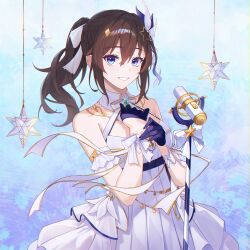 Rule 34 | 1girl, bare shoulders, blue eyes, breasts, brown hair, cleavage, hat, hololive, looking at viewer, ponytail, smile, solo, star-ring, tokino sora