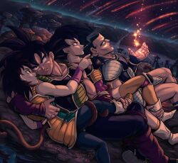 Rule 34 | 2boys, 2girls, armor, bardock, black eyes, black hair, commentary, dated, dragon ball, dragon ball minus, dragonball z, earrings, english commentary, gine, hetero, highres, hoop earrings, husband and wife, jewelry, lying, monkey tail, multiple boys, multiple girls, muscular, muscular male, on back, pointing, saiyan armor, seripa, shooting star, short hair, shoulder armor, signature, tail, tail around another&#039;s leg, toma (dragon ball), v-shaped eyebrows, whirlydoodle
