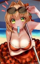 Rule 34 | 1girl, ahoge, beach, blonde hair, blush, breasts, cleavage, collarbone, dress, eyewear on head, fate/extra, fate (series), flower, food, frilled dress, frills, green eyes, hair flower, hair ornament, large breasts, looking at viewer, mouth hold, nero claudius (fate), nero claudius (fate) (all), nero claudius (fate/extra), ocean, official alternate costume, parasol, popsicle, red dress, short hair, solo, sunglasses, sunglasses on head, twitter username, umbrella, yayoi maka