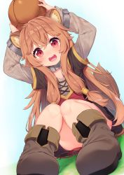 Rule 34 | 1girl, :d, animal ears, arms up, ball, blush, boots, brown hair, collar, dress, full body, hair ornament, happy, highres, holding, holding ball, long sleeves, open mouth, raccoon ears, raccoon girl, raccoon tail, raphtalia, red eyes, ribbed sweater, sidelocks, sitting, smile, solo, sweater, tail, tate no yuusha no nariagari, tofu1601