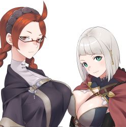 Rule 34 | 2girls, alternate hairstyle, braid, breast press, breasts, brown hair, cleavage, fire emblem, green eyes, highres, igni tion, large breasts, miriel (fire emblem), multiple girls, nina (fire emblem), nintendo, short hair, symmetrical docking, twin braids, twintails, white hair