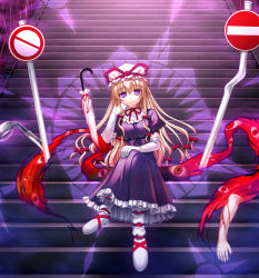Rule 34 | 1girl, bad id, bad pixiv id, blonde hair, blood, bow, breasts, closed umbrella, crossed legs, elbow gloves, female focus, gap (touhou), gloves, hat, head rest, injury, long hair, medium breasts, no entry sign, purple eyes, ribbon, road closed to vehicles sign, road sign, severed limb, sign, sitting, sitting on stairs, solo, stairs, totokichi, touhou, umbrella, white gloves, yakumo yukari