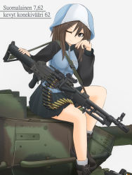 Rule 34 | 10s, 1girl, ammunition belt, ankle boots, blue footwear, blue hat, blue jacket, blue skirt, boots, brown eyes, brown hair, closed mouth, commentary request, emblem, eyebrows visible through hat, finnish text, girls und panzer, grey background, grey socks, gun, hand on weapon, hat, head rest, highres, jacket, keizoku military uniform, kvkk 62, leaning to the side, light smile, long hair, long sleeves, looking at viewer, machine gun, md5 mismatch, mika (girls und panzer), mikeran (mikelan), military, military uniform, military vehicle, miniskirt, motor vehicle, one eye closed, pleated skirt, raglan sleeves, resolution mismatch, simple background, sitting, skirt, socks, solo, source smaller, tank, track jacket, translation request, uniform, vehicle request, very long hair, weapon, weapon request, zipper, zipper pull tab