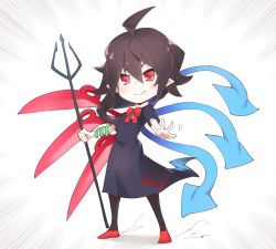 Rule 34 | 1girl, ahoge, asutora, asymmetrical wings, black dress, black hair, black legwear, blue wings, bow, bowtie, chibi, commentary request, dress, emphasis lines, full body, hair between eyes, holding, holding weapon, houjuu nue, pointy ears, polearm, red bow, red bowtie, red eyes, red footwear, red wings, shoes, short hair, short sleeves, simple background, snake, solo, standing, touhou, trident, weapon, white background, wings