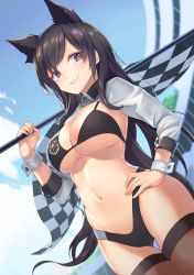 Rule 34 | 1girl, animal ears, atago (azur lane), atago (stunning speedster) (azur lane), azur lane, bikini, black bikini, black hair, blue sky, breasts, brown eyes, brown thighhighs, checkered flag, cleavage, closed mouth, day, dutch angle, extra ears, flag, gluteal fold, hand on own hip, highres, holding, holding flag, large breasts, long hair, long sleeves, looking at viewer, mole, mole under eye, navel, outdoors, race queen, shimotsuki shio, shrug (clothing), sky, smile, solo, stomach, swimsuit, thigh gap, thighhighs, underboob, very long hair, wrist cuffs