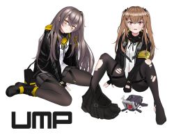 Rule 34 | 2girls, bag, black bag, black footwear, black gloves, black jacket, black pantyhose, black scarf, black skirt, blush, boots, bow, brown eyes, brown hair, character name, closed mouth, dinergate (girls&#039; frontline), full body, girls&#039; frontline, gloves, hair bow, hair ornament, hairclip, hand on floor, holding, holding bag, jacket, long hair, looking at viewer, multiple girls, no shoes, on floor, open clothes, open jacket, open mouth, paaam, pantyhose, partially fingerless gloves, red eyes, scar, scar across eye, scar on face, scarf, shirt, side ponytail, simple background, skirt, unworn skirt, spread legs, torn clothes, torn legwear, twintails, ump45 (girls&#039; frontline), ump9 (girls&#039; frontline), white background, white shirt