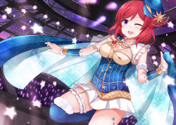 Rule 34 | 10s, 1girl, blue thighhighs, blush, breasts, bridal garter, cape, cleavage, fur trim, glowstick, hat, holding, holding cape, holding clothes, looking at viewer, love live!, love live! school idol festival, love live! school idol project, mmrailgun, nishikino maki, one eye closed, open mouth, pleated skirt, purple eyes, red hair, short hair, skirt, solo, sparkle, stage, starry sky print, thigh strap, thighhighs