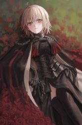 Rule 34 | 1girl, absurdres, ahoge, armor, armored dress, black cape, black dress, black thighhighs, blonde hair, cape, chain, dress, fate/grand order, fate (series), faulds, flower, gauntlets, gold can, hair between eyes, highres, jeanne d&#039;arc (fate), jeanne d&#039;arc alter (avenger) (fate), jeanne d&#039;arc alter (fate), looking at viewer, lying, on back, parted lips, red flower, red rose, rose, short hair, solo, thighhighs, yellow eyes