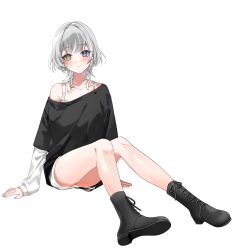 Rule 34 | 1girl, ankle boots, arms at sides, bang dream!, bang dream! it&#039;s mygo!!!!!, black footwear, black shirt, blue eyes, blunt bangs, blush, boots, closed mouth, collarbone, cross-laced footwear, full body, grey hair, heterochromia, highres, kaname raana, knees together feet apart, knees up, lace-up boots, layered sleeves, long shirt, long sleeves, looking at viewer, medium hair, off-shoulder shirt, off shoulder, roko (pe0e07), shirt, shoe soles, short sleeves, simple background, single bare shoulder, sitting, sleeves past wrists, solo, undershirt, white background, white shirt, yellow eyes