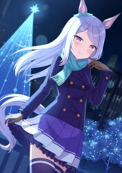 Rule 34 | 1girl, animal ears, aqua scarf, black coat, black gloves, black thighhighs, blush, buttons, closed mouth, coat, commentary, cowboy shot, double-breasted, fringe trim, gloves, highres, horse ears, horse girl, horse tail, kurumi lm, long hair, long sleeves, looking at viewer, mejiro mcqueen (umamusume), night, outdoors, pleated skirt, purple eyes, purple hair, purple skirt, scarf, skirt, smile, solo, tail, thighhighs, umamusume